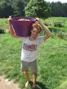 Jordan carrying a bucket full of just-picked green beans on a toasty 90 degree day Jordan carrying a bucket full of just-picked green beans on a toasty 90 degree day