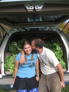 The back of the van is stuffed floor-to-ceiling with Napa cabbage but Reba is definitely not in normal harvesting wear:  star leggings and a mini-skirt means that she’s leaving the harvest day to be a carhop for the Rock Coast Rollers/HCF CSA Financial Aid Fund fundraiser.  An unusual day on—and off—the farm.   